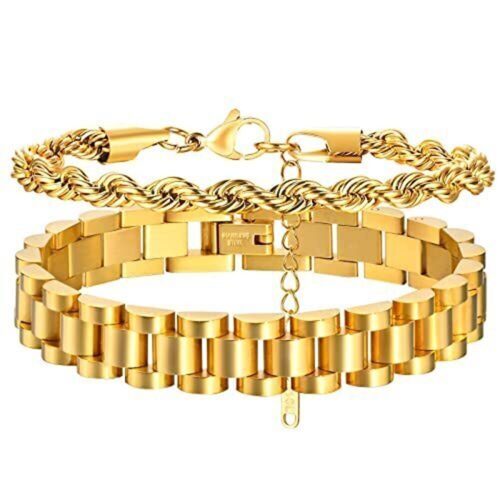 4761 2pcs 18K Gold Plated Chain Link Bracelet, Stainless Steel Crystal